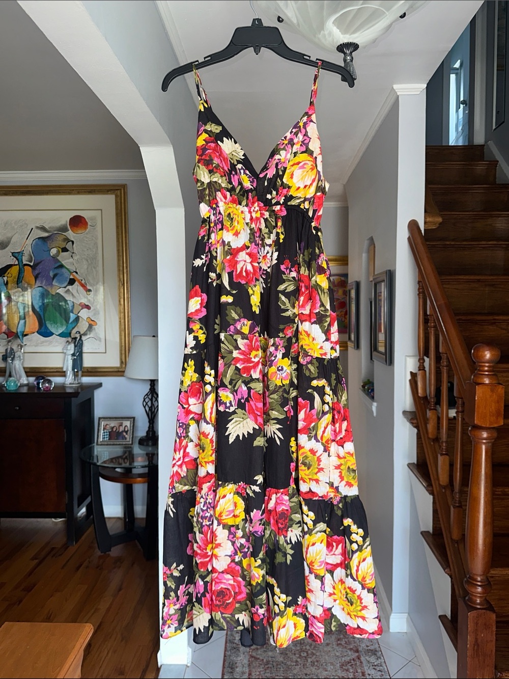 Floral Black Maxi Dress with Pink & Yellow Blooms Sz M